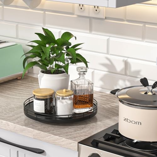 10 Inch Oak Lazy Susan Countertop Organizer with Black Metal Rail