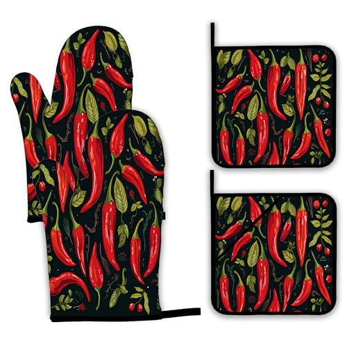 Red Pepper Oven Mitts and Pot Holders Set (4 Count)