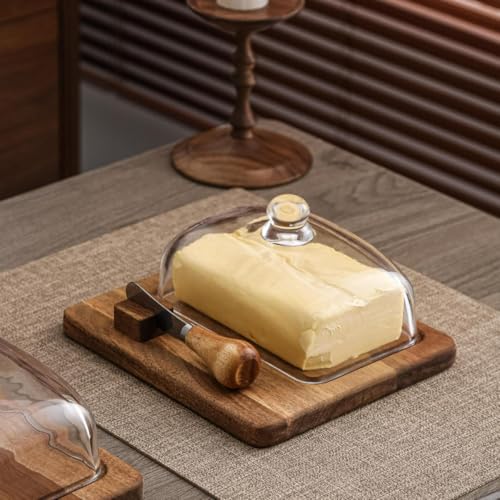 Glass & Acacia Wood Butter Dish with Airtight Glass Lid & Serving Knife