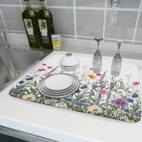 Flower Herbs Dish Drying Mat Botanical Plant Dishes Drainer Mat 18x24 inch Reversible Microfiber Drying Dish Pad for Kitchen Counter Decor