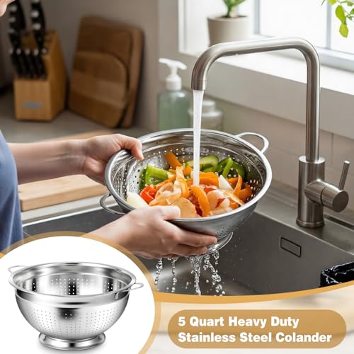 2 Pack 5 Quart Heavy Duty Stainless Steel Colander with Footed Base and Handles Pasta Spaghetti Berry Fruit Vegetable Kitchen Food Strainer Basket (2 Count)