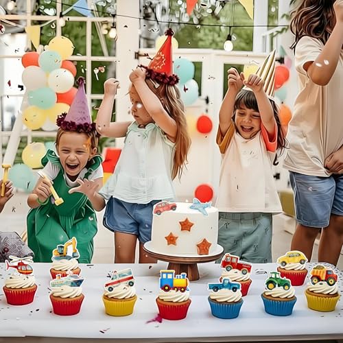 48Pcs Edible Transportation Cupcake Toppers Edible Cute Airplane Train Vehicle Boat Tractor Cupcake Picks for Transportation Theme Baby Shower Kids Birthday Party Decorations (48 Count)