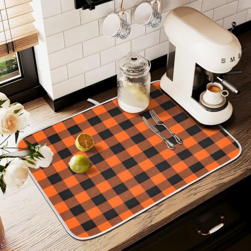 Halloween Dish Drying Mat for Kitchen Counter Absorbent Microfiber Small Drying Pad Black Orange Buffalo Plaid Check Dish Mats for Kitchen Countertops 16 x 18 Inch