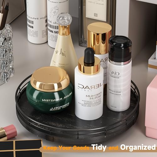 10 Inch Oak Lazy Susan Vanity Tray with Black Brushed Gold Rail