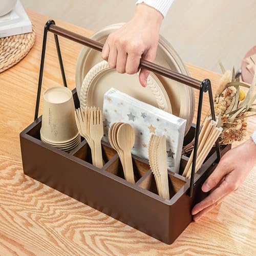 Silverware Caddy with Handle Acacia Wood Utensil Holder Paper Plate Holder