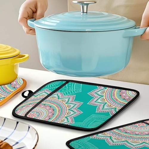 Turquoise Abstract Mandala Floral Pot Holders for Kitchen