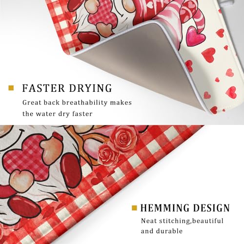 Love Gnome Dish Drying Mat 18"x24" Red Heart Microfiber Dish Drainer Rack Mat Holiday Absorbent Dishes Pad for Kitchen Counter Sink Decor