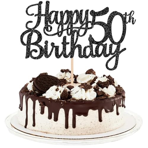 1 PCS Happy 50th Birthday Cake Topper Glitter Cheers to 50 Years Birthday Cake Pick 50 Fabulous Cake Decoration for Happy 50th Birthday Anniversary Party Decorations Supplies Black
