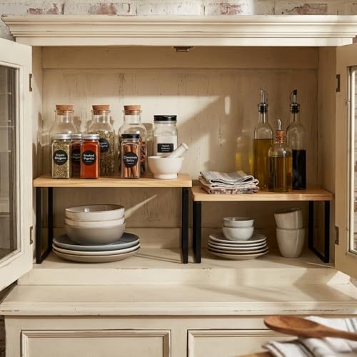 Large Cabinet Shelf Organizers Solid Wood Spice Rack Organizer for Cabinet Kitchen Countertop Storage (2 Set)