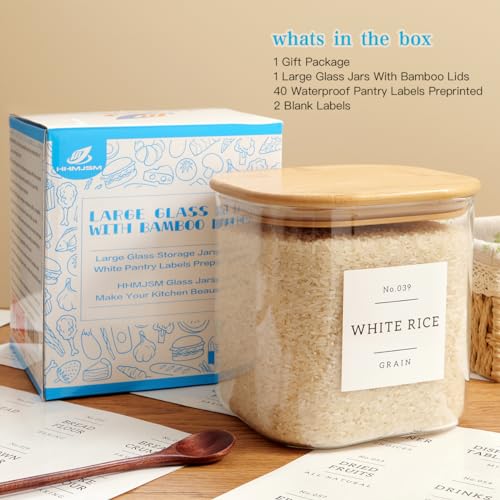 Large Glass Flour and Sugar Containers with 42 Kitchen Pantry Labels