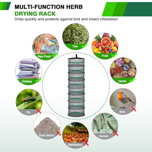 8 Layer Herb Drying Rack Hanging Mesh Net Foldable Plant Drying Racks 24" Diameter with Green Zipper & Hook Dryer Hanging Rack for Herbs Seed Bud Fruit Clothes Grow Tent Closets Garden Outdoor