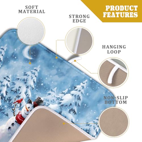 Blue Snowman Dish Drying Mat Winter Pine Tree Drainer Rack Mats 16x18 Inch Absorbent Fast Dry Dish Pad Protector Kitchen Counter Accessories