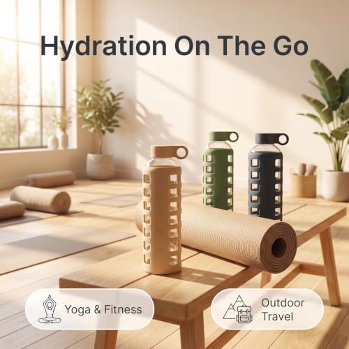 40oz / 32oz / 22oz / 12oz Borosilicate Glass Water Bottle with Time & Volume Markers, Silicone Sleeve, Stainless Steel Lid | Reusable Glass Bottle for Water & Juice (32oz Shale Green)
