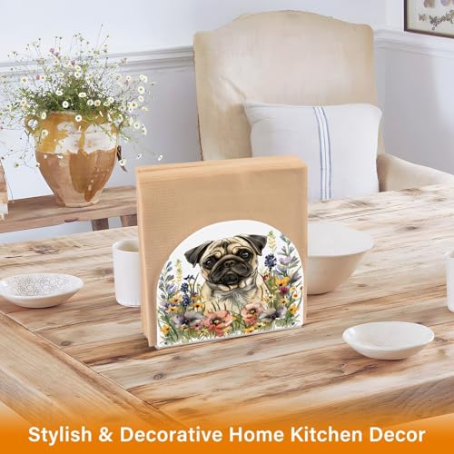 Pug Dog Wild Flowers Napkin Holder for Table Paper Napkins Holder Acrylic Tissue Dispenser Kitchen Dining Room Bathroom Party Car Decor