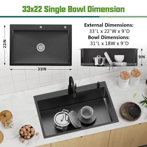 Black 33x22In Drop In Kitchen Sink
