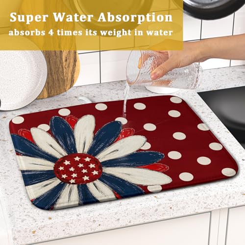 Patriotic Dish Drying Mat 16 x18 In Red and Blue Daisy Microfiber Kitchen Draining Mat for Countertops