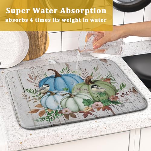 Fall Blue Pumpkin Dish Drying Mat 16x18 inch Autumn Harvest Dish Rack Mats Reversible Microfiber Drainer Pad for Kitchen Countertop Decor