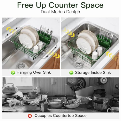 Green Dish Drying Rack in Sink with Utensil Holder