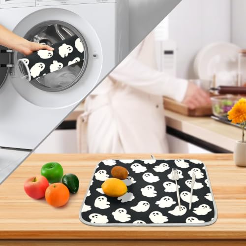 Halloween Cute Ghost Dish Drying Mat for Kitchen Counter Absorbent Microfiber Small Drying Pad Dish mats for Kitchen Countertops 16 x 18 Inch
