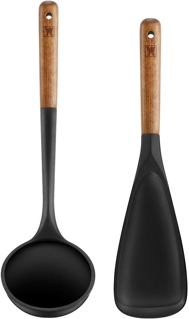 Set of 2pc Silicone Cooking Utensils: Wooden Handle Ladle + Long Head Serving & Cooking Spoon, Heat Resistant, BPA Free, Scratch-Resistant Surface Design - Culinary Roots