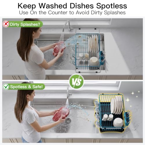 Blue Dish Drying Rack in Sink with Drainboard and Utensil Holder