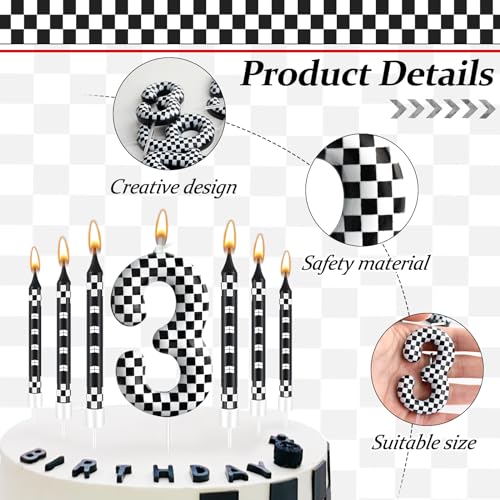 13 Pcs Racing Cars Themed Birthday Candles Black and White Race Number 3 Checkered Candle Cake Topper for Racing Car Party Decoration Supplies (13 Count)