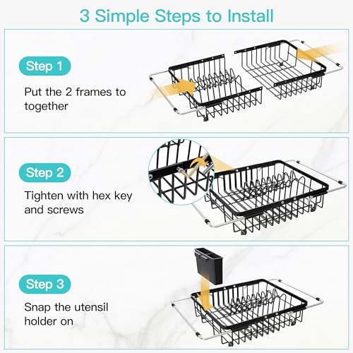 Black Dish Drying Rack Over the Sink with Utensil Holder