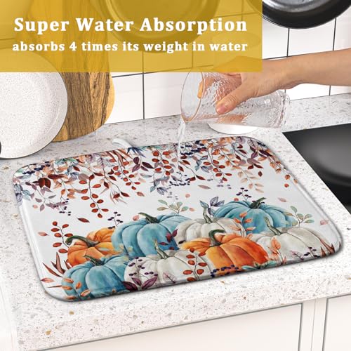 Fall Orange Pumpkin Dish Drying Mat Eucalyptus Leaves Drainer Rack Pad 16"x18" Microfiber Quick Dry Dish Sink Mat for Kitchen Counter Decor