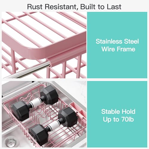 Pink Dish Drying Rack Over the Sink with Utensil Holder