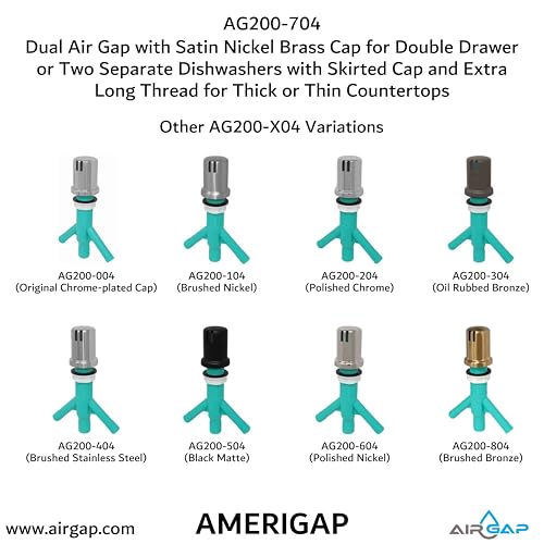 Dual Air Gap with Satin Nickel Brass Cap for Double Drawer or Two Separate Dishwashers with Skirted Cap and Extra Long Thread for Thick or Thin Countertops