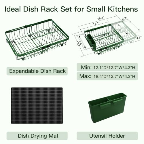 Green Expandable Dish Drying Rack Over Sink with Extra Drying Mat