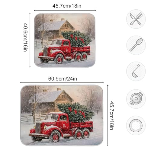 Red Christmas Truck Dish Drying Mat for Kitchen Counter Absorbent Microfiber Drying Pad
