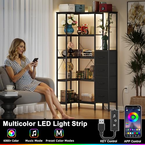 5 Tier Corner Bookshelf with LED Light Strips (6 Count)