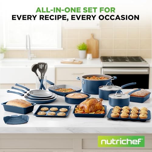 Professional 20 Pc Pots and Pans Set Non Stick in Navy Blue