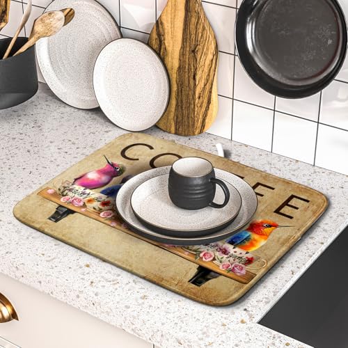 Coffee Cup Dish Drying Mat Brown Bird Drying Matt Kitchen Counter for Coffee Bar Decor