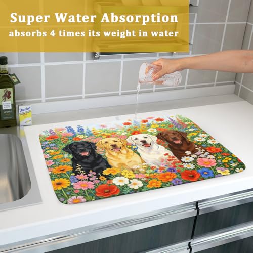 Spring Absorbent Drying Mat Colorful Flowers Dog Dish Drying Mat for Kitchen Counter 18 X 24 In