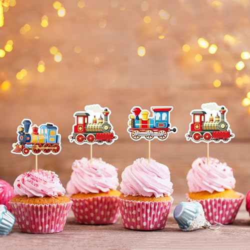 24Pcs Transportation Trains Cupcake Toppers Cartoon Vintage Locomotiv Cupcake Picks for Retro Train Boys Girls Funny Birthday Party Baby Shower Cupcake Decorations Train Transportation Party Decors (24 Count)