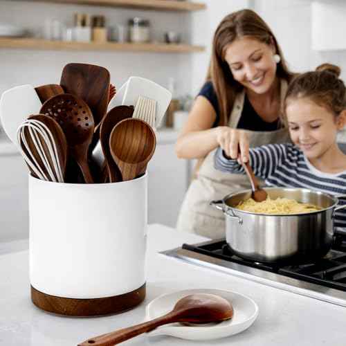 Ceramic Rotating Utensil Holder with Spoon Rest for Kitchen Counter White
