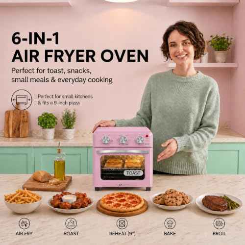 6-in-1 Retro Air Fryer Toaster Oven Combo, Compact 12.7 QT Small Countertop Convection Oven, Fits 9" Pizza & 4 Toast, Hexagon Hybrid Heating, Enamel Baking Pan Included, Pink Color