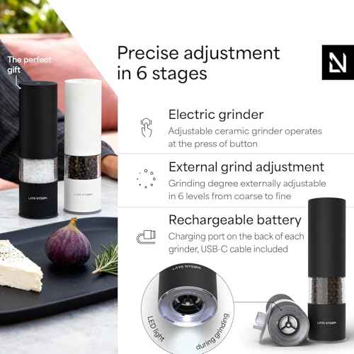 Electric Salt and Pepper Grinder Set I Automatic Salt and Pepper Mills with Adjustable Ceramic Grinder I USB Rechargeable Electric Spice Mill Set with LED Light