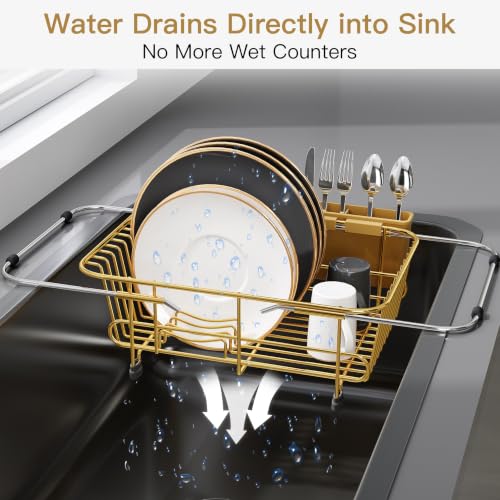 Gold Dish Drying Rack in Sink with Utensil Holder