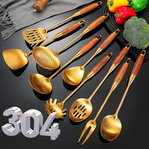 Gold Kitchen Utensils Set Stainless Steel 9 PCS with Wooden Handle (9 Count)