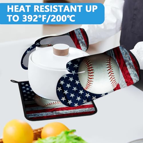 American Flag Baseball Oven Mitts and Pot Holders Sets Heat Resistant 4Pcs Potholders Oven Gloves Hot Pads for Kitchen Baking Cooking Grilling BBQ (4 Count)