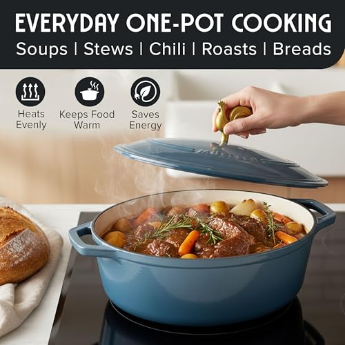 MUELLER HOME 5.5 Quart Enameled Cast Iron Oval Dutch Oven w Rooster Knob & Cotton Potholders