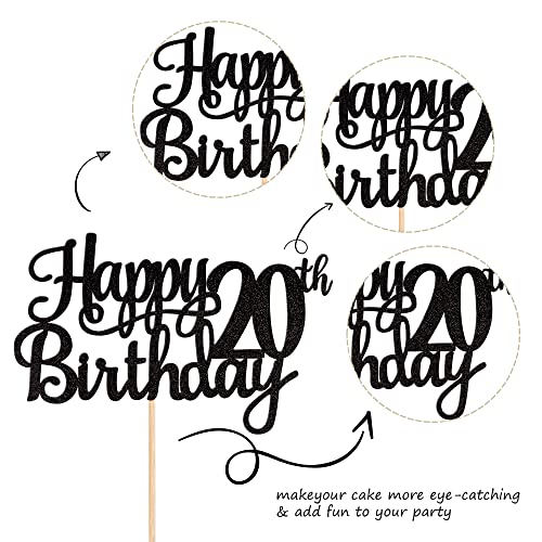 1 PCS Happy 20th Birthday Cake Topper Glitter Cheers to 20 Years Birthday Cake Pick Twenty 20 Fabulous Cake Decoration for Happy 20th Birthday Theme Party Decorations Supplies Black