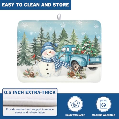 Winter Snowman Blue Dish Drying Mat Xmas Truck Dishes Pad 18"x24" Microfiber Absorbent Drainer Rack Mats Protector for Kitchen Counter Sink