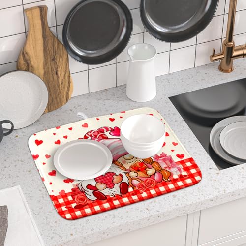 Love Gnome Dish Drying Mat 16"x18" Red Heart Microfiber Dish Drainer Rack Mat Holiday Absorbent Dishes Pad for Kitchen Counter Sink Decor