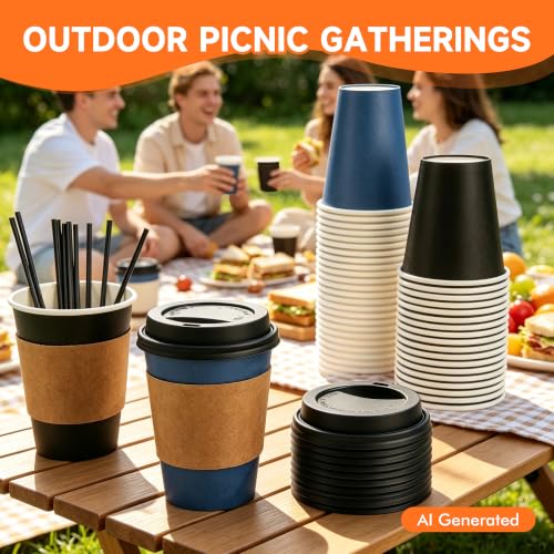 100 Pack 12 oz Disposable Coffee Cups with Lids and Sleeves (100 Count)