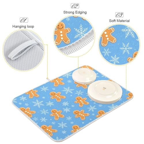 Snowflake Gingerbread Cookie Blue Dish Drying Mat for Kitchen Counter Absorbent Microfiber Drying Pad