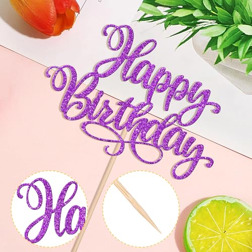 1 PCS Happy Birthday Cake Topper Glitter Happy Birthday Cake Pick for Celebrating Happy Birthday Anniversary Party Cake Decorations Supplies Purple